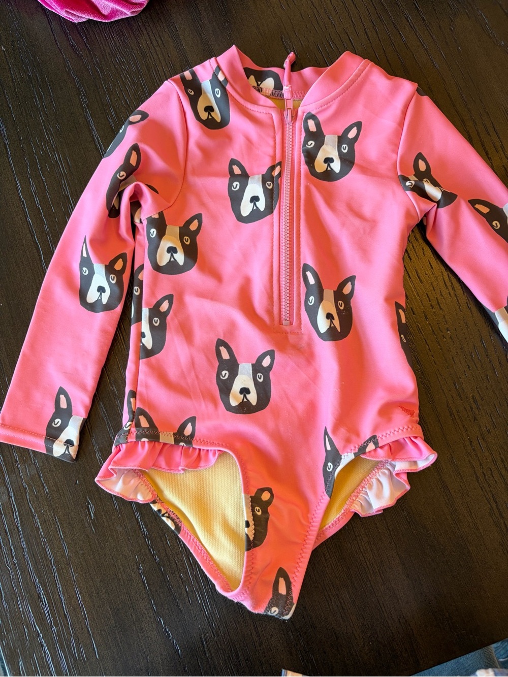 Pink Chicken Girls Pink Bulldog Print Long-Sleeve Swimsuit